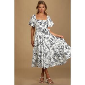 Lulus Dress‎ Blue White Tropical Sunshine White Floral Print Tiered Midi Large